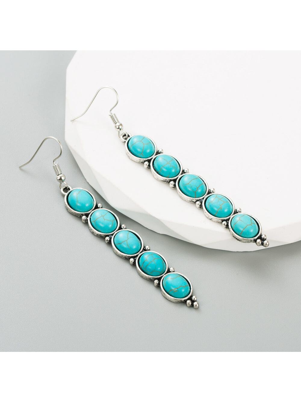 Pierced 3 1/4" silver and turquoise five stone dangle stick earrings